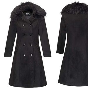 Vintage Look Longline Faux Fur Collar Black Coat